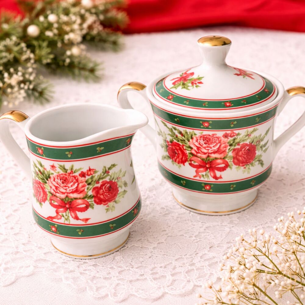 Lefton Christmas Rose Sugar and Creamer Set 1990